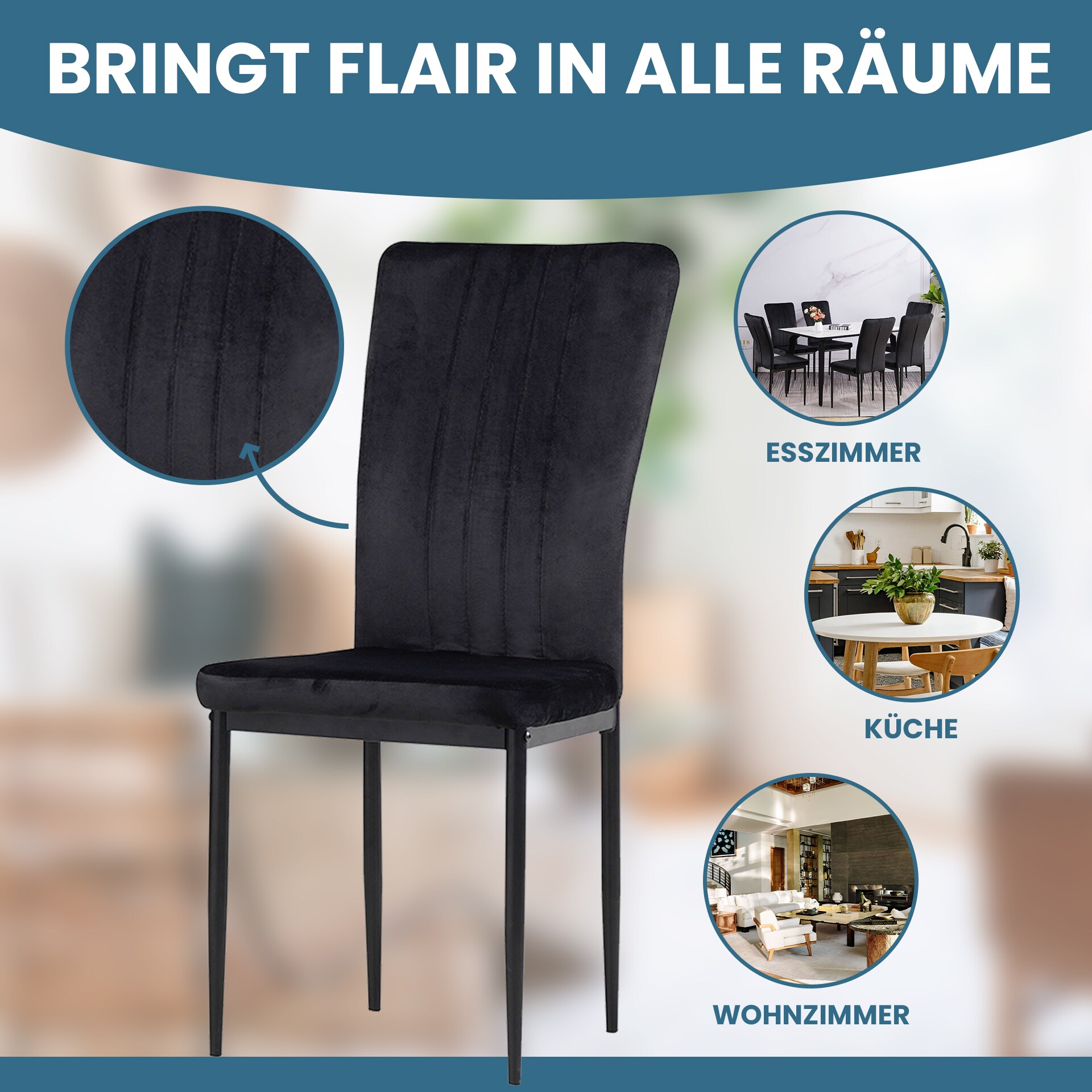 Albatros Esszimmerstühle mit Samt-Bezug 4er Set MODENA, Schwarz - Stilvolles Vintage Design, Eleganter Polsterstuhl am Esstisch - Küchenstuhl oder Stuhl Esszimmer mit hoher Belastbarkeit