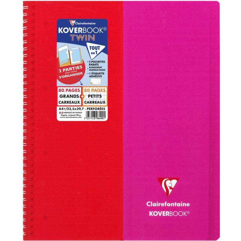 Cahier reliure intégrale enveloppante Koverbook TWIN A4+ 80 pages grands carreaux + 80 pages petits carreaux détachables perforé 4 trous couverture polypropylène bicolore - Assortis