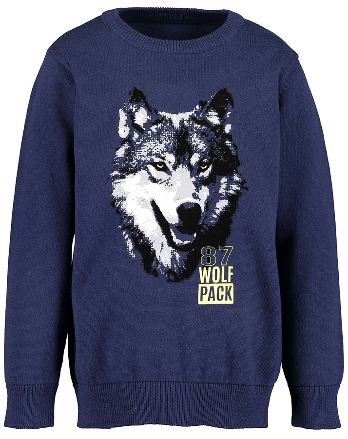 Strickpullover ARCTIC WOLVES mit Flockprint in nachtblau
