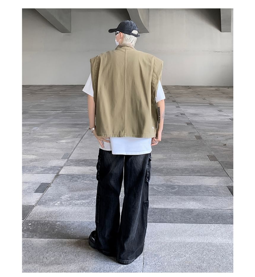 Hushgrain - Vest met rits en effen kraag en versleten denim