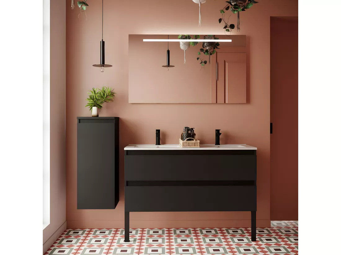 Meuble de salle de bain suspendu double vasque intégrée 120cm 2 tiroirs Noir - Hudson