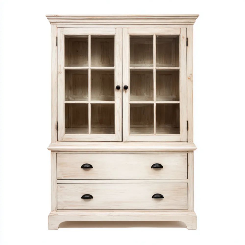 Vitrine Holz 2-türig mit Schubladen – 180x100x40 cm – Vintage Weiß