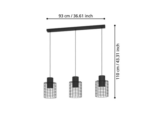 Hanglamp, 3-lichts, HxL 110x103 cm, zwarte cilinder, zwarte buitenkant, witte binnenkant