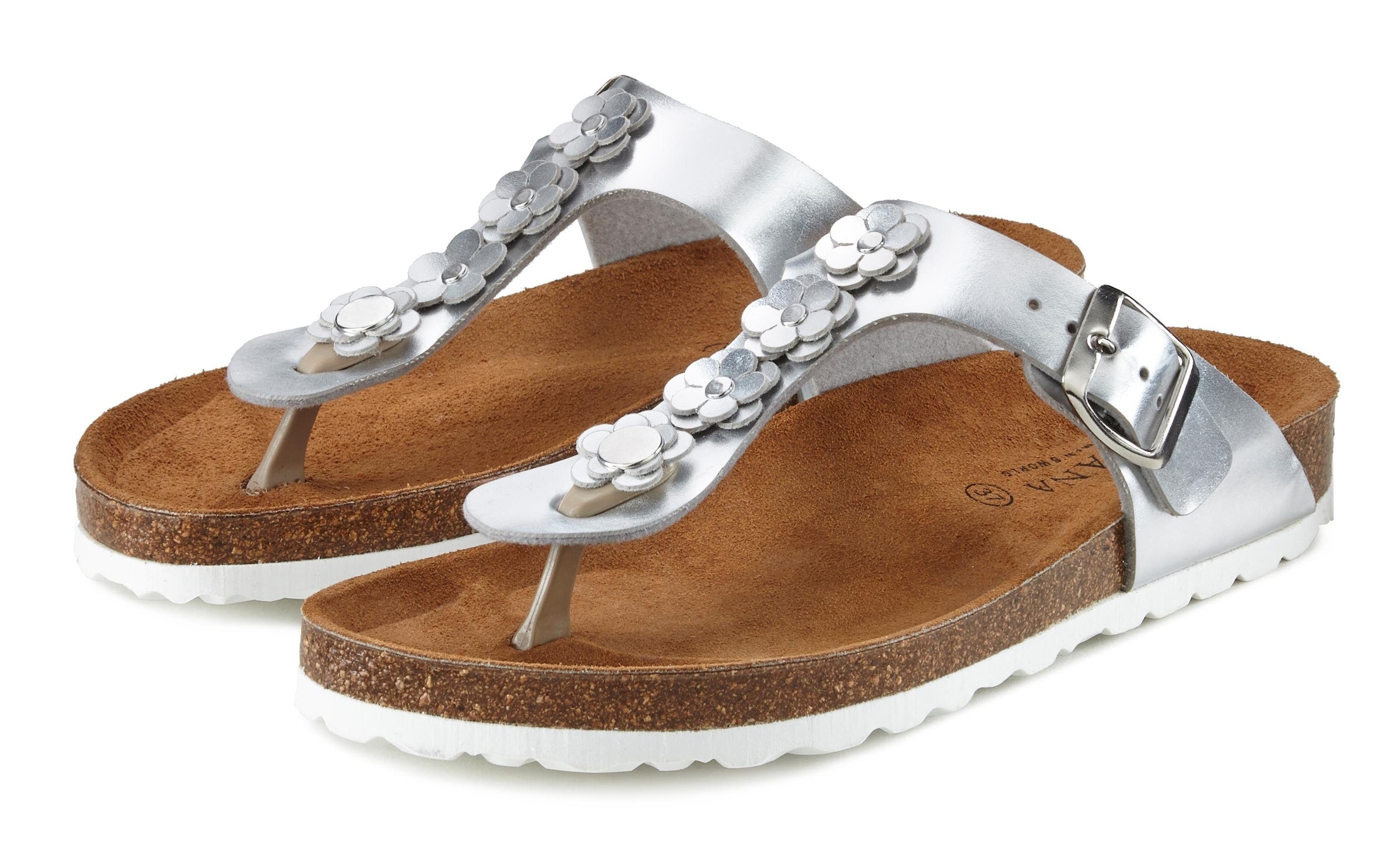 LASCANA Zehentrenner »Sandale, Pantolette, offener Schuh, Sommerschuh,«  mit modischer Applikation und Komfortkorkfussbett aus Leder