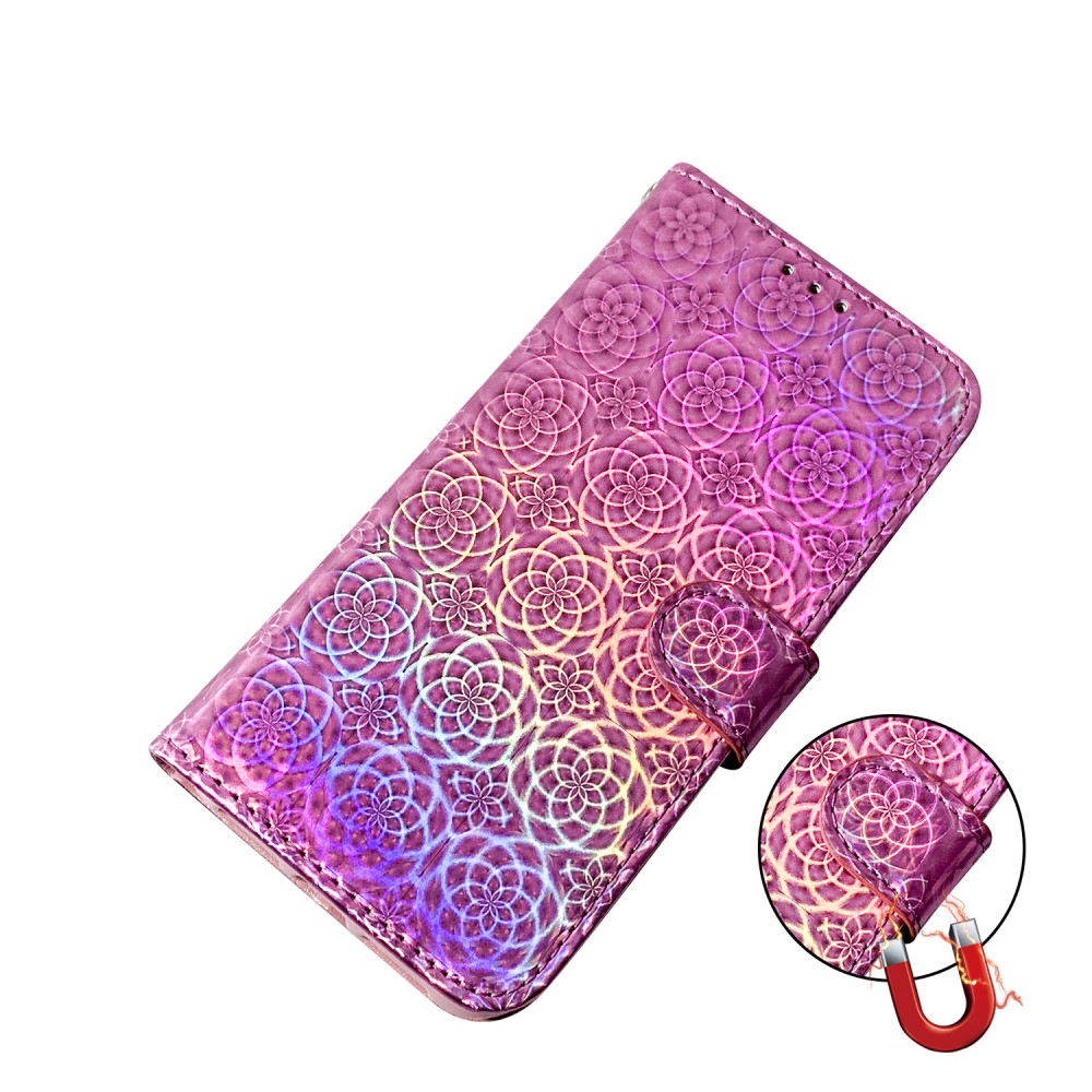 iPhone 13 Pro Leder Tasche Wallet mit Flower Laser Hologramm - Silber