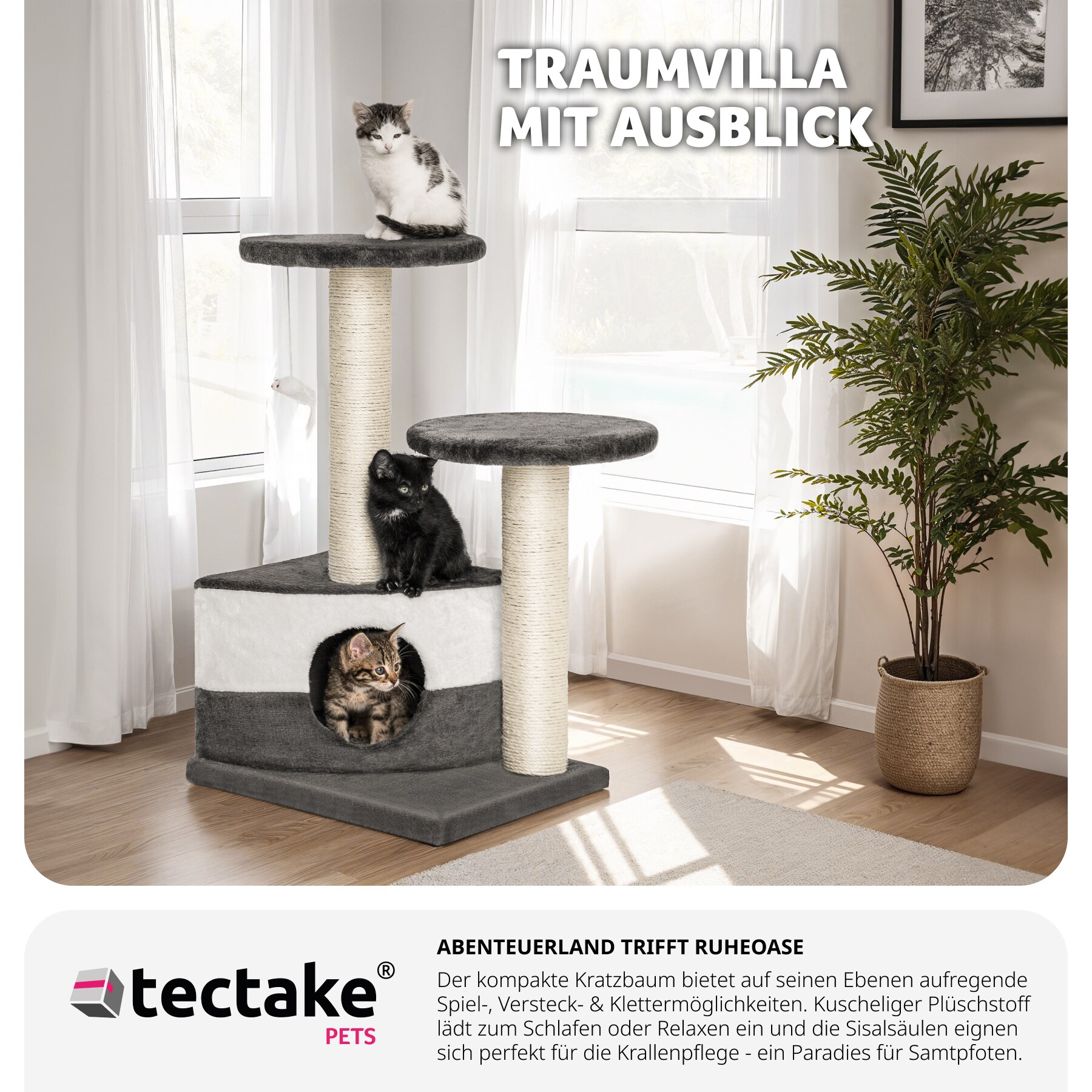 tectake® Kratzbaum, 71 cm, mit Katzenhaus, inklusive Spielmaus