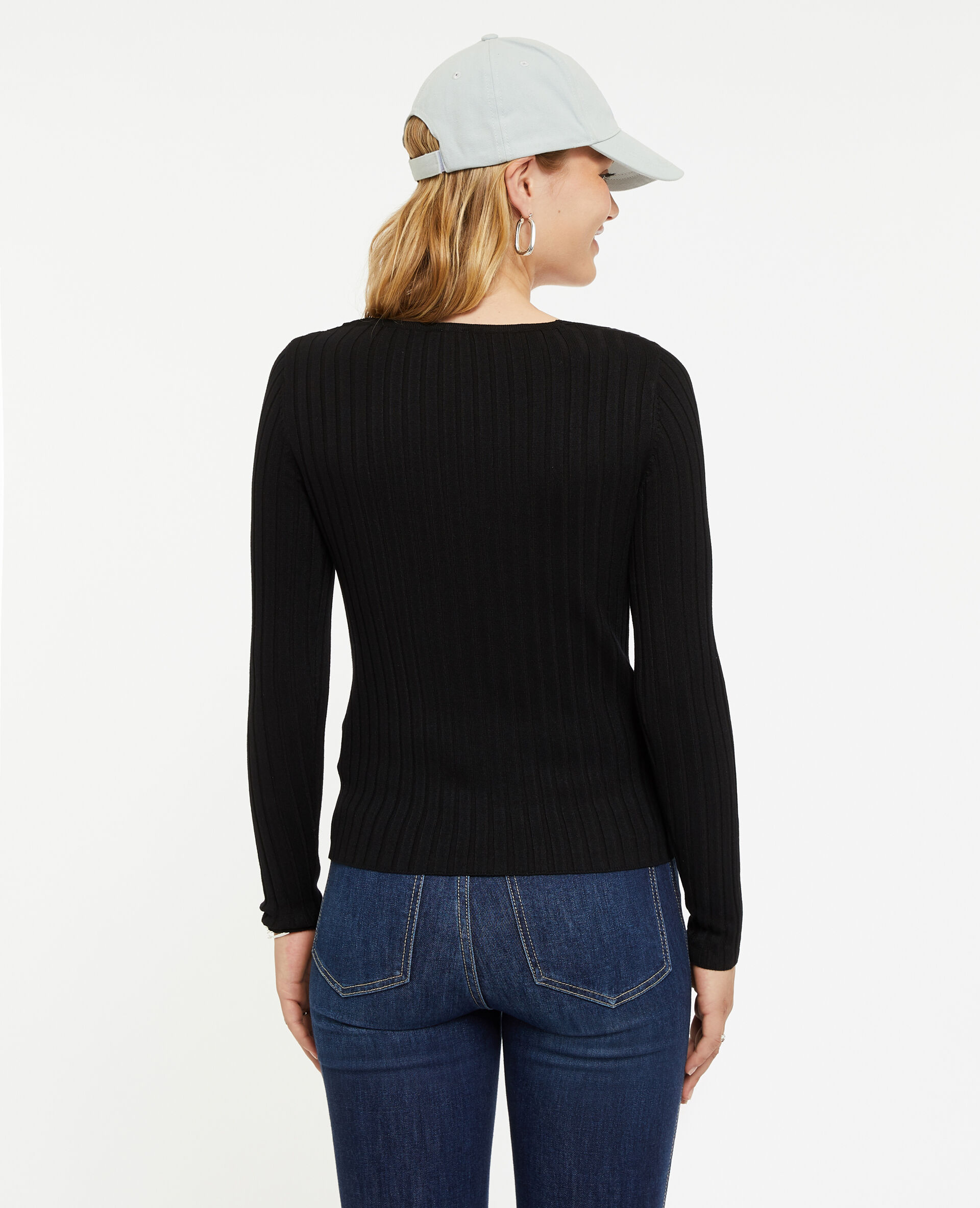 Pull col V en maille côtes plates - Noir