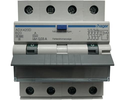 Hager ADX420D Aardlekschakelaar 4P 10kA B-20A 30mA Type A