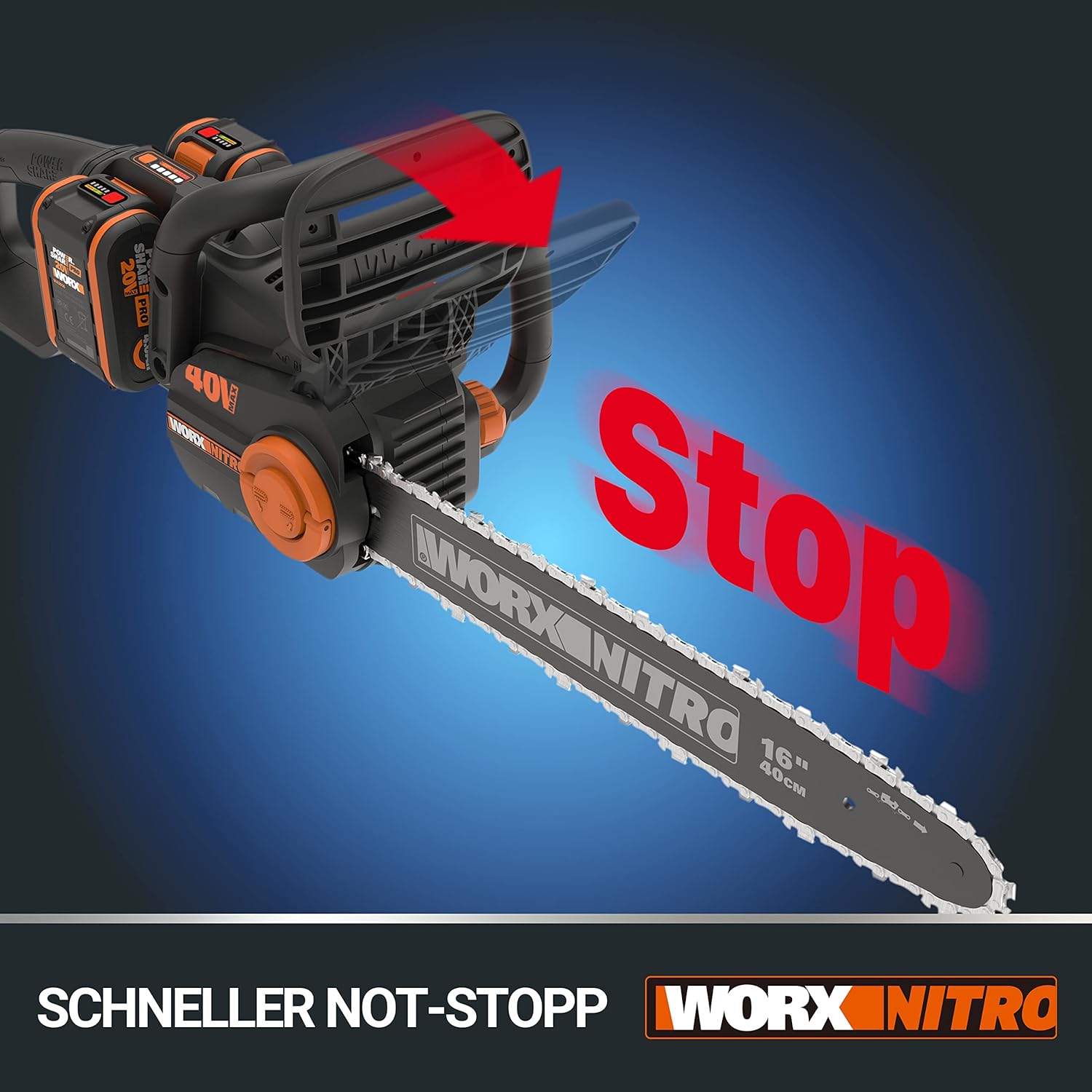 WORX WG385E.9 NITRO Akku Kettensäge 40V(2x20V) - bürstenloser Motor - automatische Kettenspannung & Kettenschmierung - 40cm Schnittlänge - 18m/s Schnittgeschwindigkeit - ohne Akku & Ladegerät
