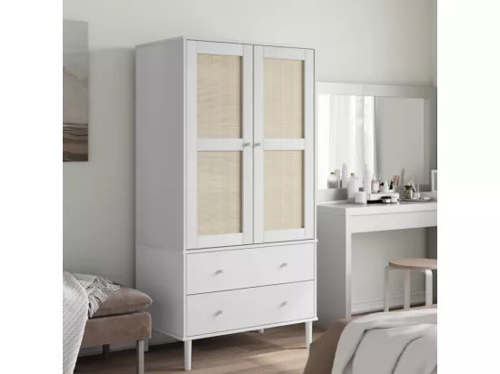 Garde-robe SENJA aspect rotin blanc 90x55x175cm bois massif pin
