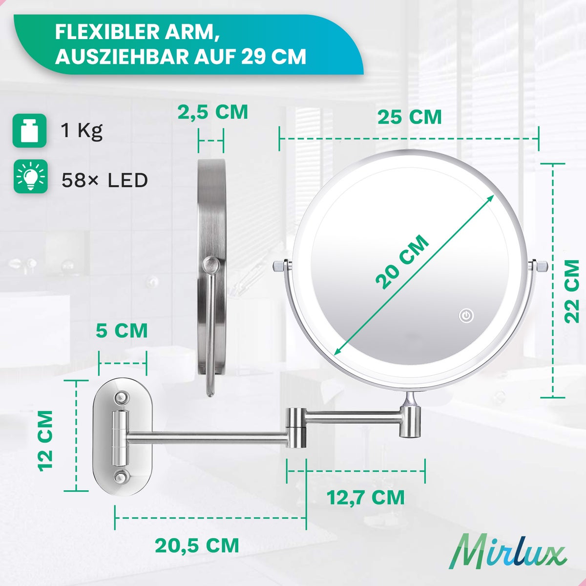 Mirlux make-upspiegel met ledverlichting, cosmetische spiegel 10x vergroting, ronde chromen wandspiegel