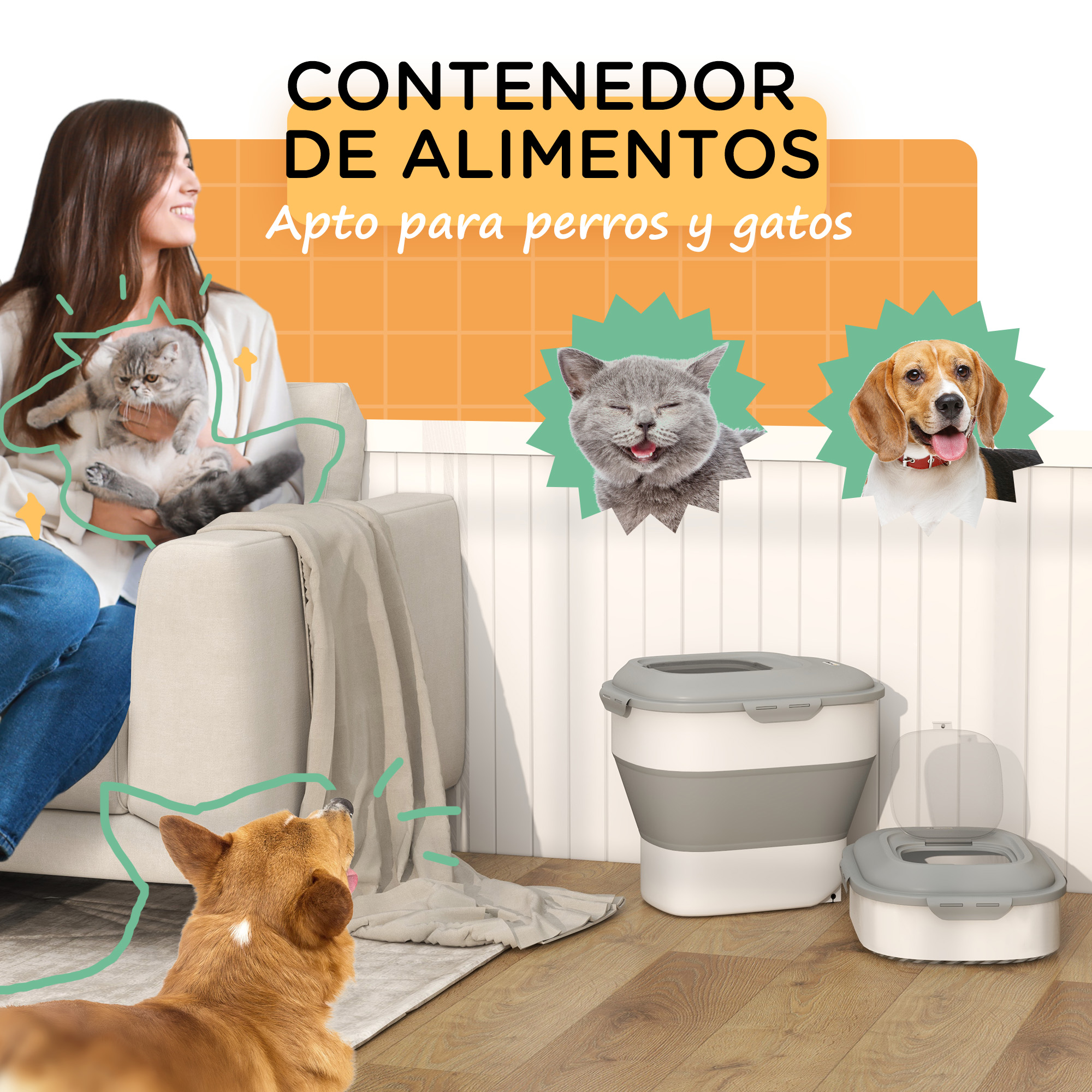 Recipiente dobrável PawHut de 25 litros para ração de cães, com rodas, copo medidor, tigela dobrável e pá, ideal para armazenar alimentos para animais de estimação, na cor cinza.