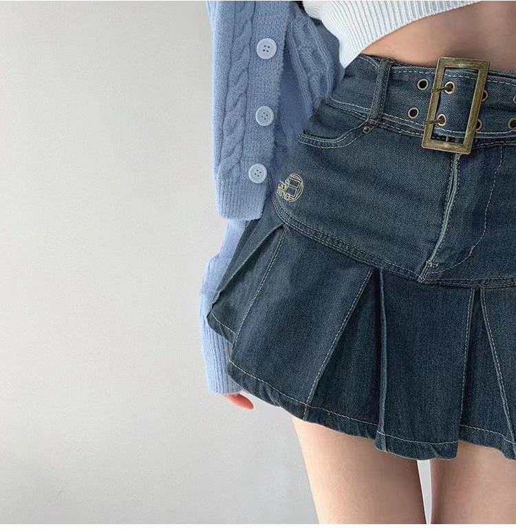 Bolgivy - Mini A-lijn denim rok met hoge taille en riem