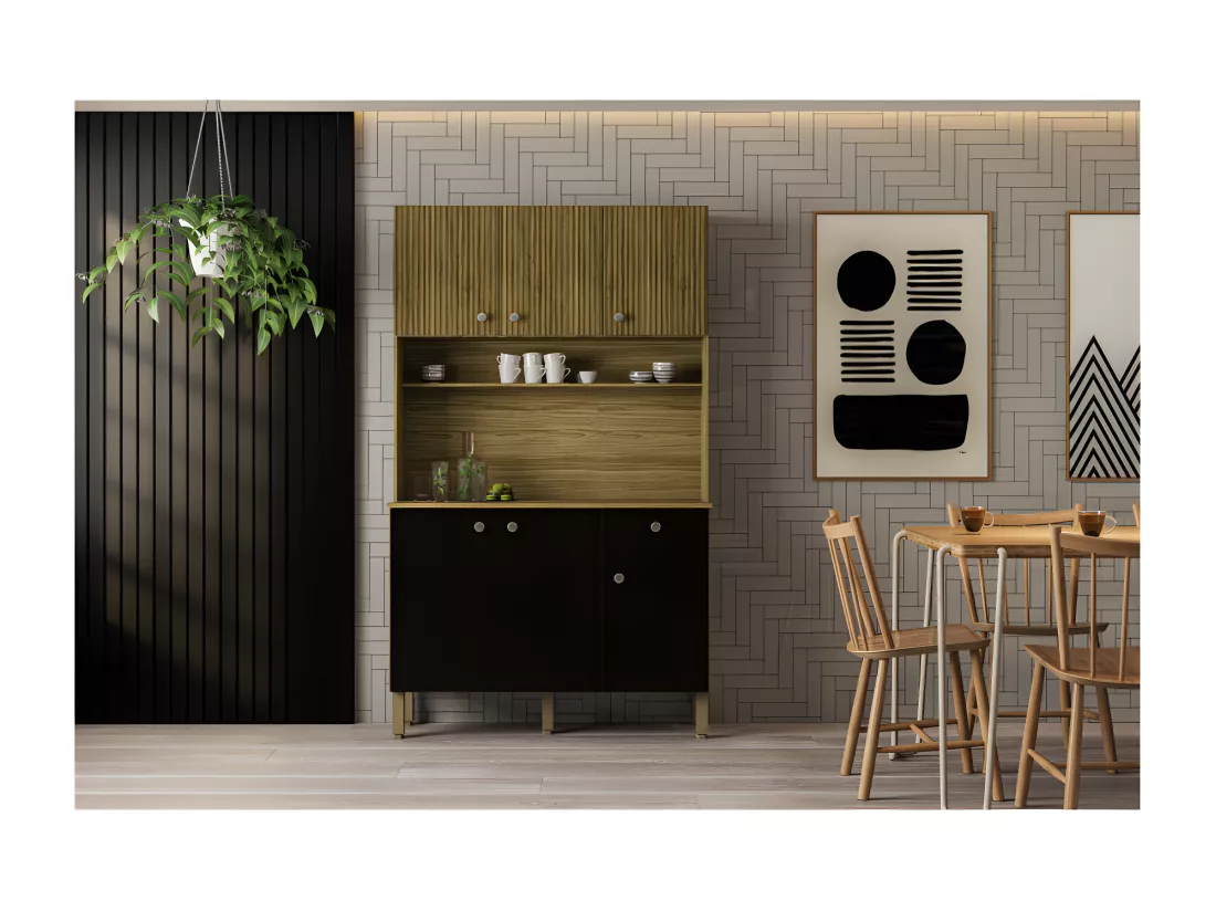 Buffet de Cuisine 6 Portes 1 Tiroir Chêne et Noir 7 Niches L 111 H 185 P 39.3 cm