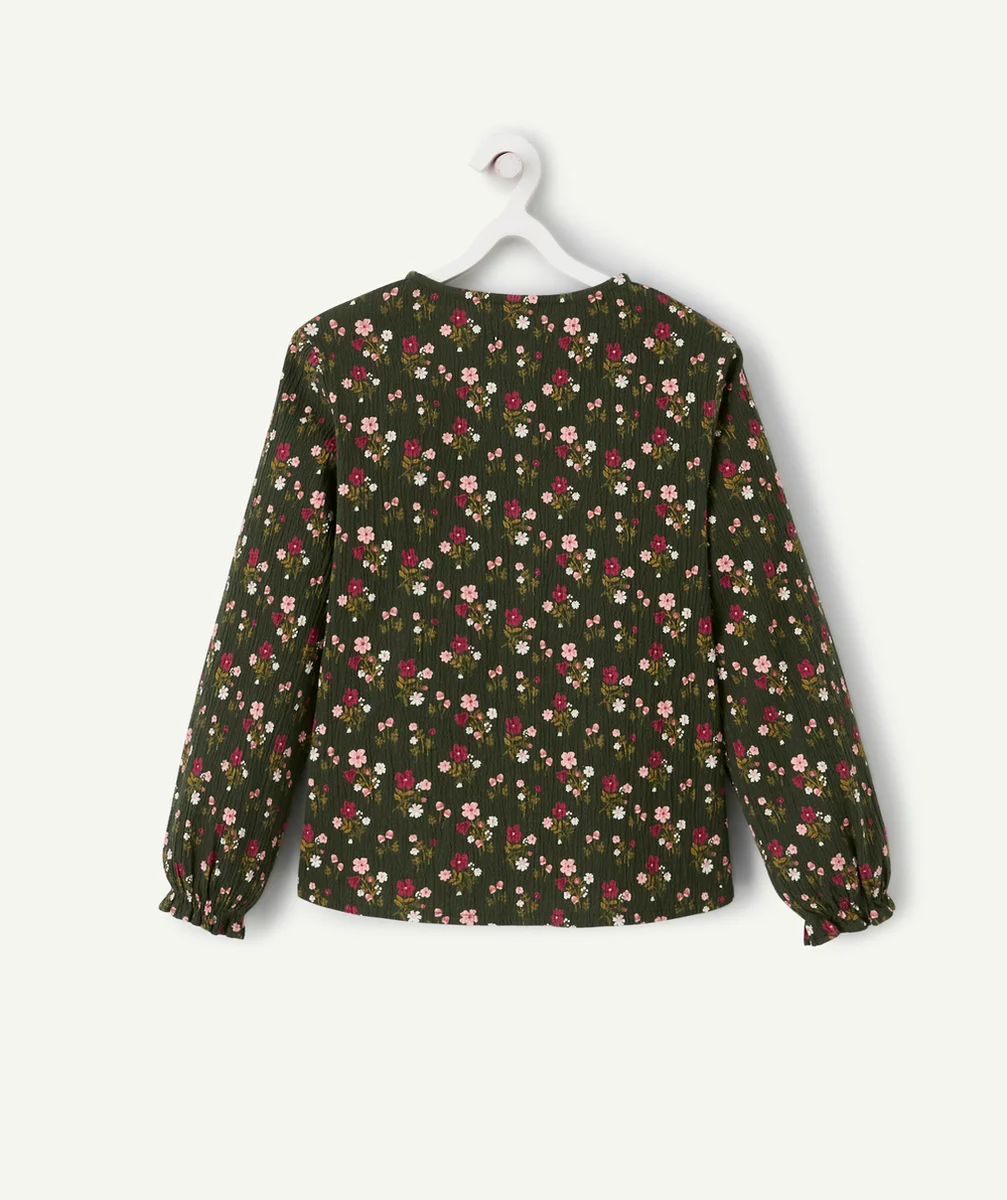 BLOUSE FILLE VERTE ET IMPRIMÉE FLEURIE AVEC FRONCES ET BOUTONS
