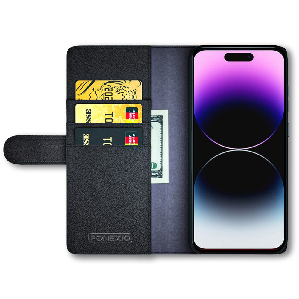 iPhone 15 Pro Echtleder Tasche Flip Cover mit Kartenfächer - Schwarz