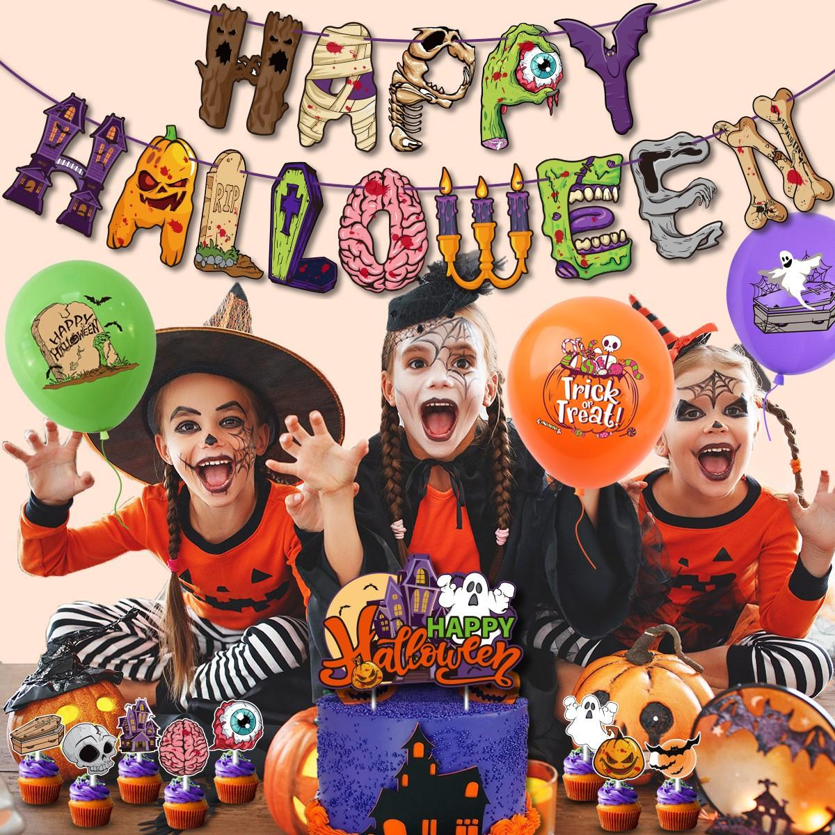 (64-tlg. Set) Happy Halloween Girlande Party Deko   Latex Ballons / Kuchenstecker / Spiralen Girlande - Bunt
