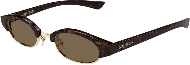Alexander McQueen Uniseks Alexander McQueen AM0534S 002 Zonnebrillen Acetaat Havana Bruin Rotonde