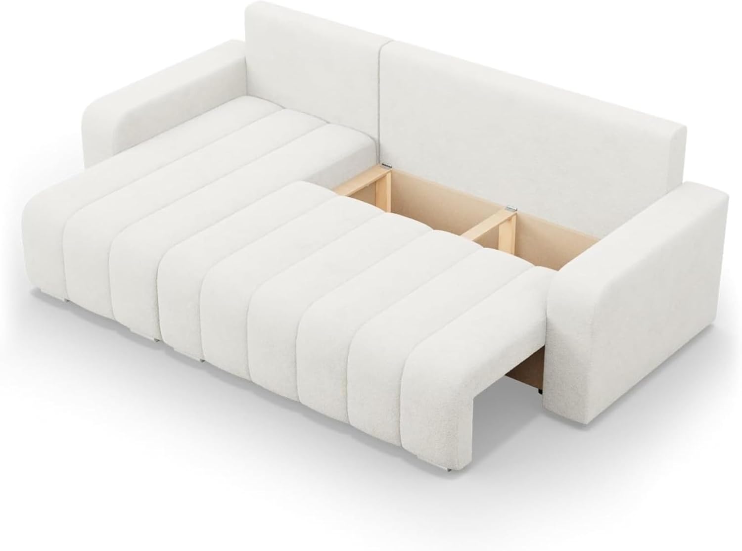 Mebligo - Ecksofa mit Schlaffunktion und Bettkasten 237 cm Breit Abrielle, Couch Wohnzimmer Links oder Rechts Schlafsofa mit Bonellfederkern, Boucle Sofa Cremefarben (Abriamo 04)