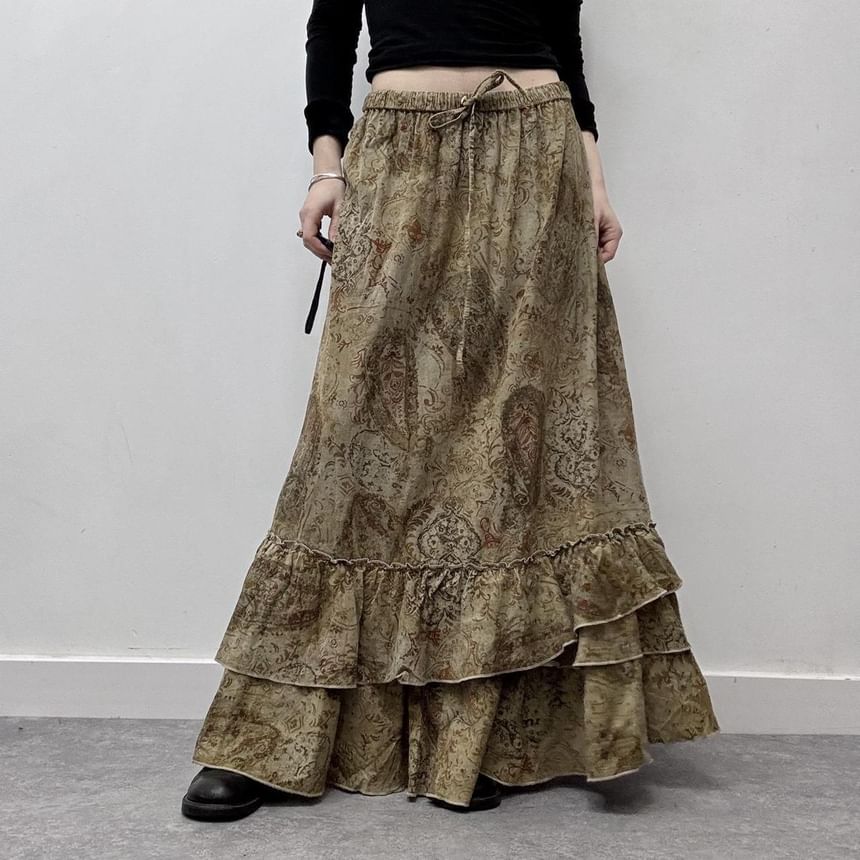 Puffie - Ronde hals, bloemenprint, volantrand, strikceintuur, open rug, camisole top / lage taille, geplooide zoom, maxi-A-lijn rok