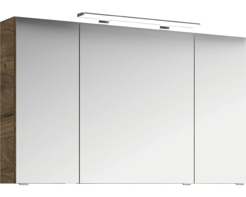 Badkamermeubelset Pelipal serie 4010, afmetingen (B x H x D): 120,5 x 200 x 48 cm, fronten in eikenhouten look, Ribbeck badkamermeubelset met 4 delen, inclusief witte keramische wastafel, keramische wastafelkast en spiegelkast met ledverlichting.