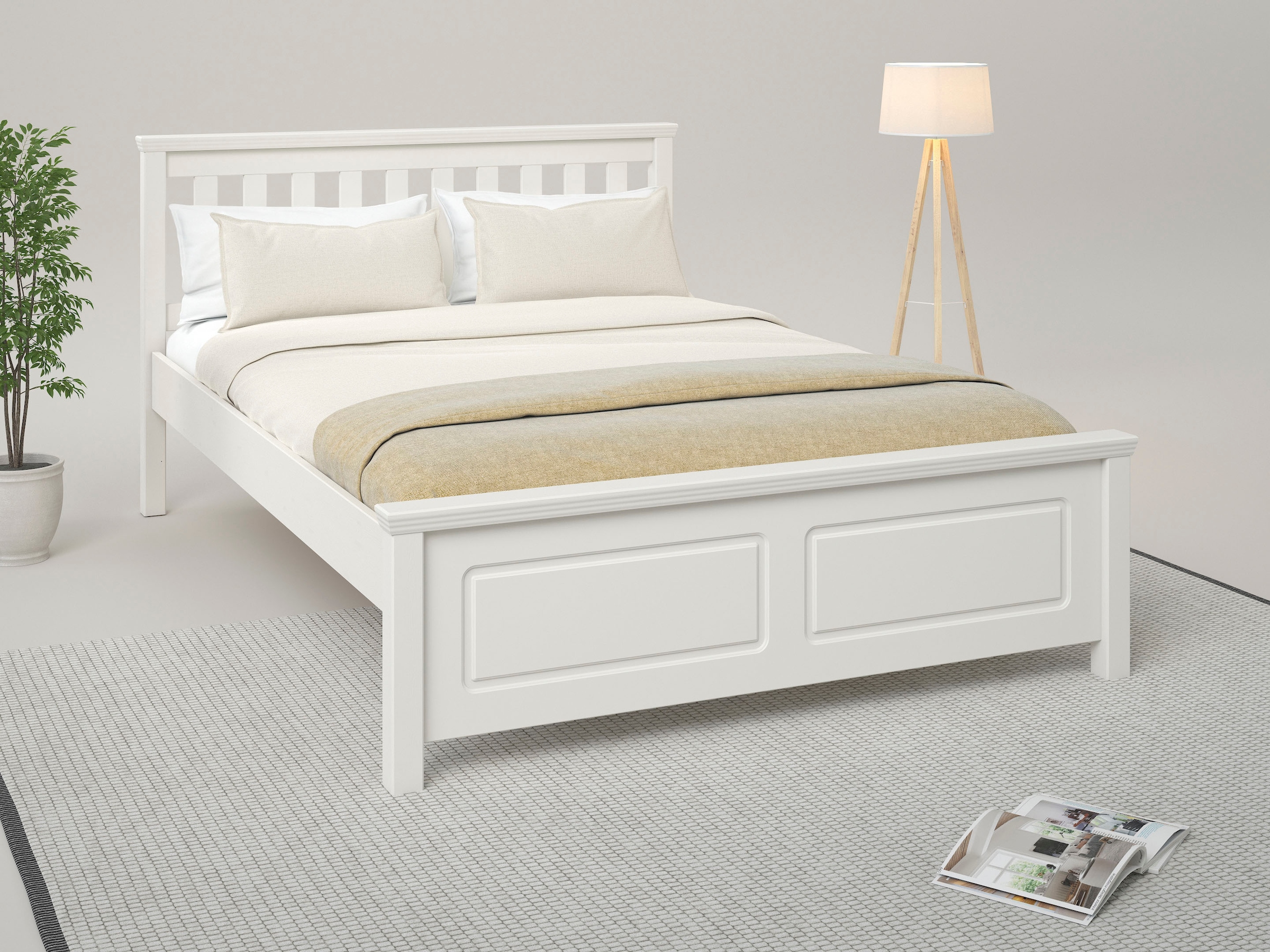 GOODproduct Bett »Fredegard, skandinavischer Stil, vielseitig kombinierbar, 2 Breiten« 180er oder 140er Breite,  teilmassiv, Sprossen am Kopfteil, mit Lattenrost, Kassettenoptik
