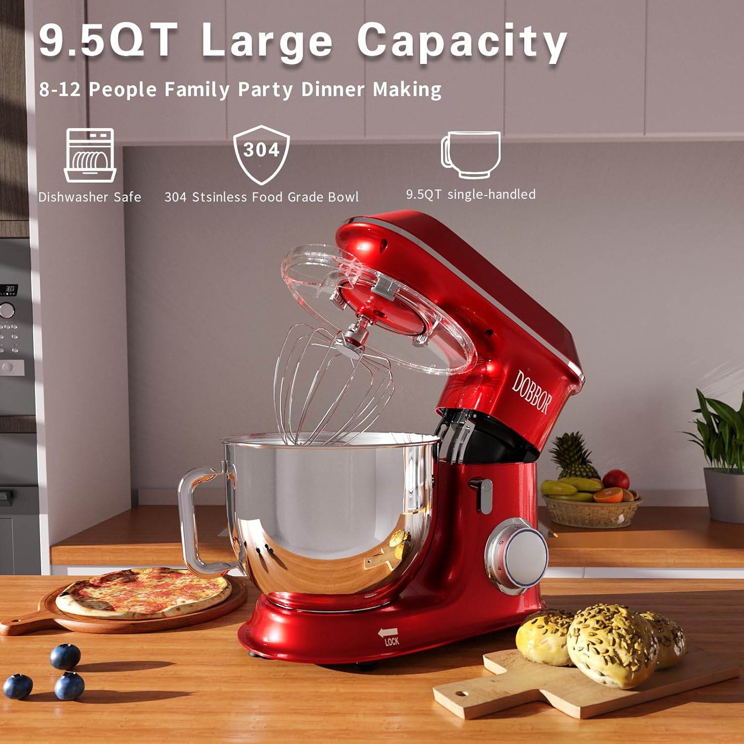 9.5L Küchenmaschine Knetmaschine 1500W, DOBBOR Rührmaschine mit Rührbesen, Knethaken, Schlagbesen, Spritzschutz, 7 Geschwindigkeit Planetarisches Rührsystem, leise und multifunktional (Rood)