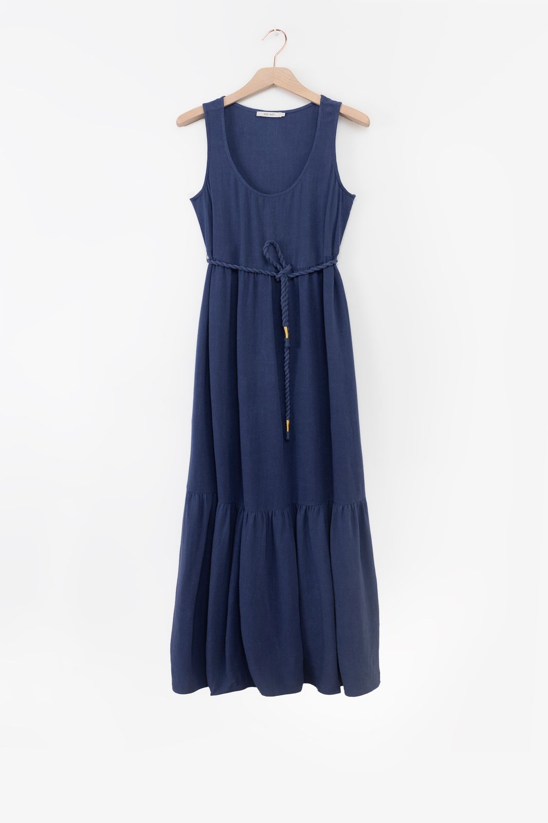 Blauwe maxi jurk met gevlochten riem