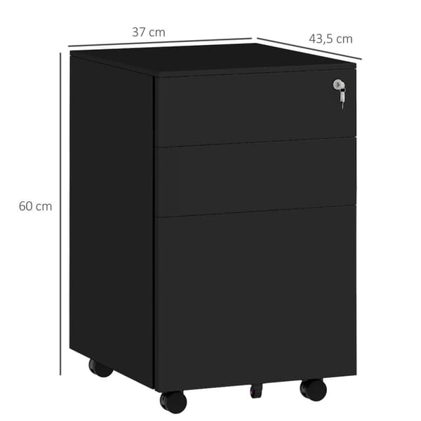 Arkivskap med skuffer, 37L x 43,5W x 60H cm, låsbart, rullbart, med bremser, 3-trinns justerbar stang, stål, sort