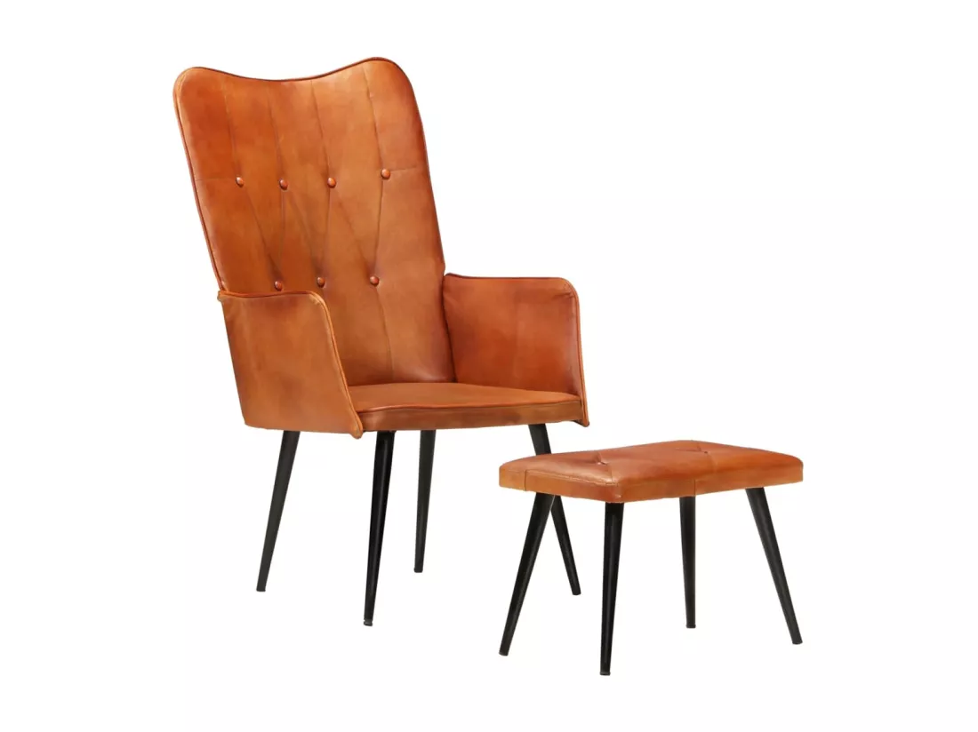 Fauteuil à oreilles avec repose-pied Brun roux Cuir véritable