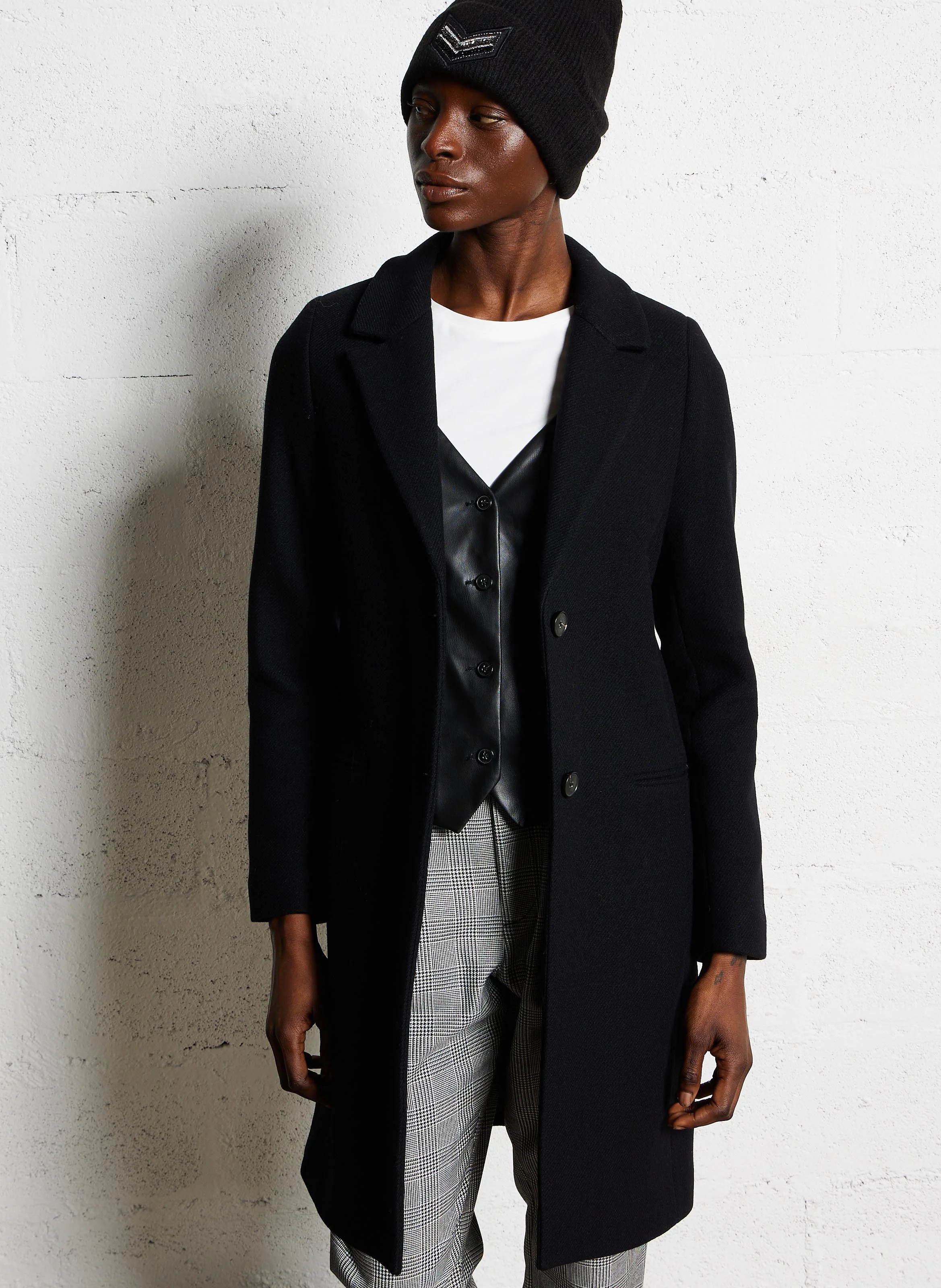 Manteau mi-long droit en laine mélangée| Noir