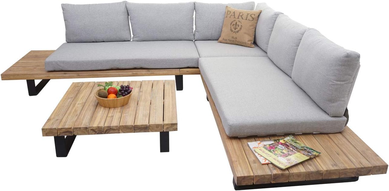 Mendler Garten-Garnitur HWC-H54, Garnitur Sitzgruppe Lounge-Set, Spun Poly Akazie Holz FSC® Alu - Hellbraun, Polster hellgrau