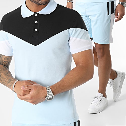 Ensemble Polo Manches Courtes Et Short Jogging Bleu Clair Noir Blanc
