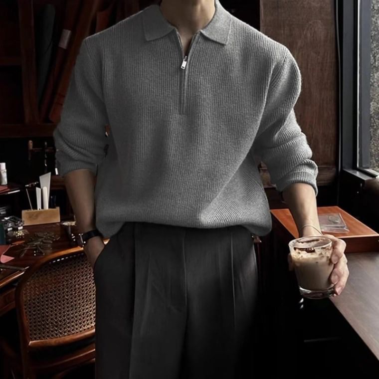 Nightbell - Poloshirt met lange mouwen en halve rits in effen breisel