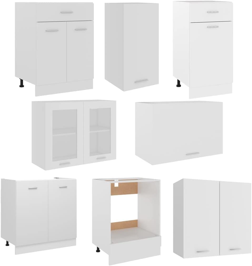 ACAGALA Küchenblock 240 cm variabel stellbar, 8-TLG. Küchenzeile Einbauküche, Weiß Holzwerkstoff, Küche Komplett, Schrank-Set, Unterschrank, Küchenschrank, Hängeschrank, ohne Arbeitsplatte