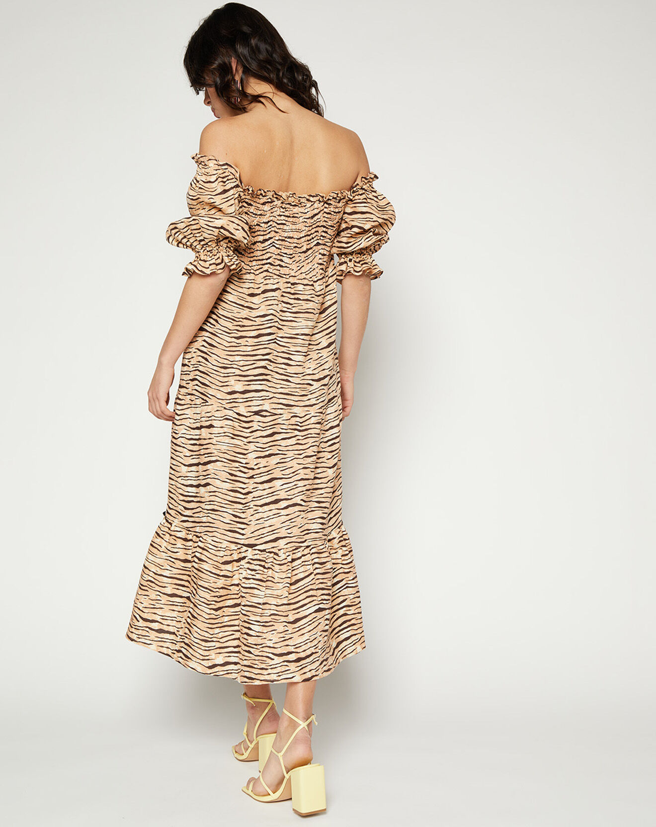 Faithfull the Brand Robe midi 100% Lin De Christin imprimé animal beige/marron