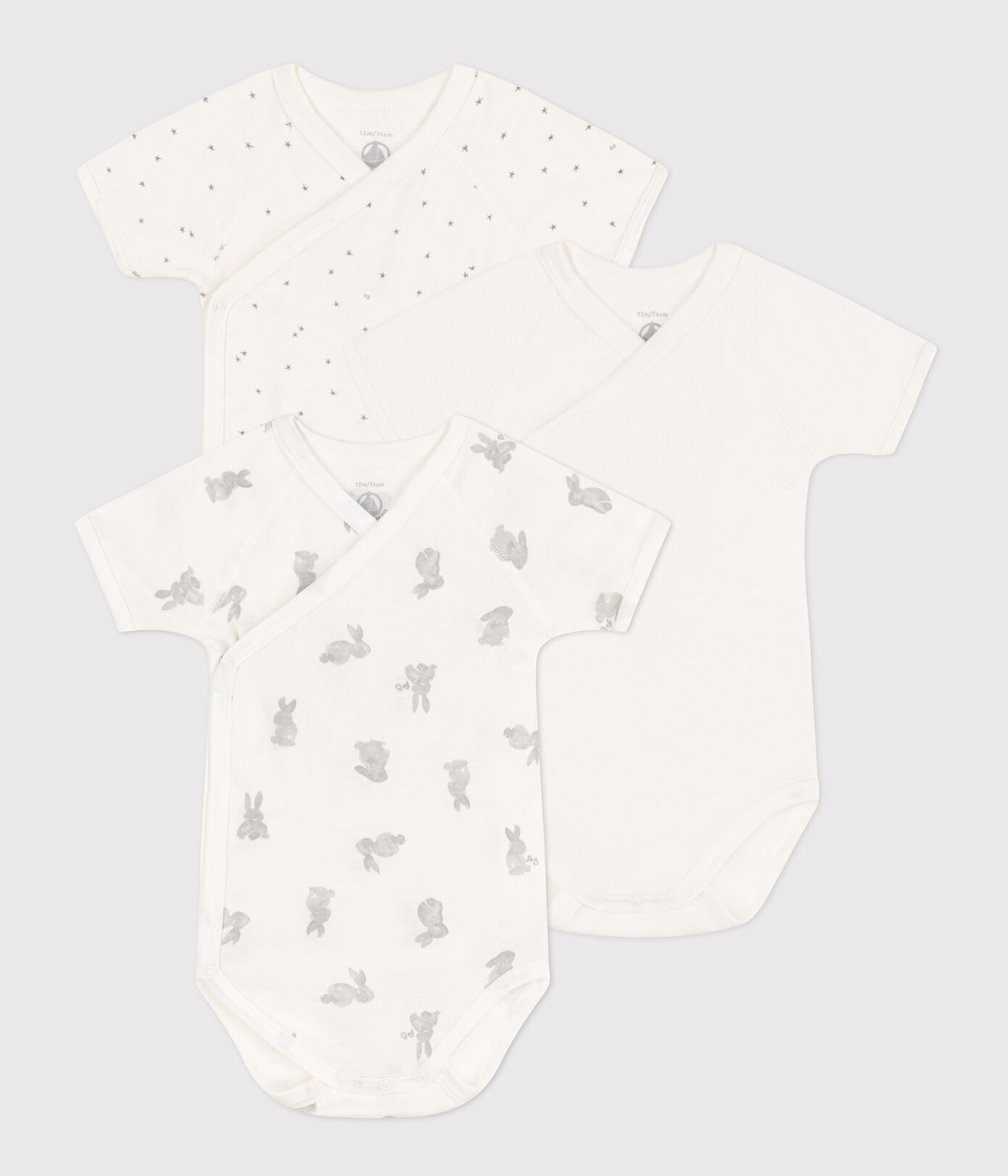Lot de 3 bodies croisés manches courtes lapins en coton