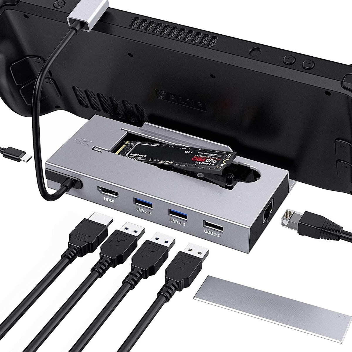 NÖRDIC Steam Deck-dokkingstasjon 1 til 7 - 1xHDMI 2.0 (4K60Hz), 1xM.2 SSD, 1xUSB-C PD 100W, 2xUSB-A 3.1, 1xUSB-A 2.0, 1xGigabit Ethernet