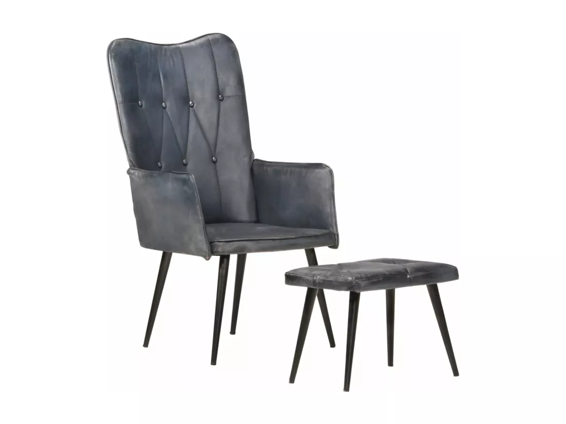 Fauteuil à oreilles avec repose-pied Gris Cuir véritable