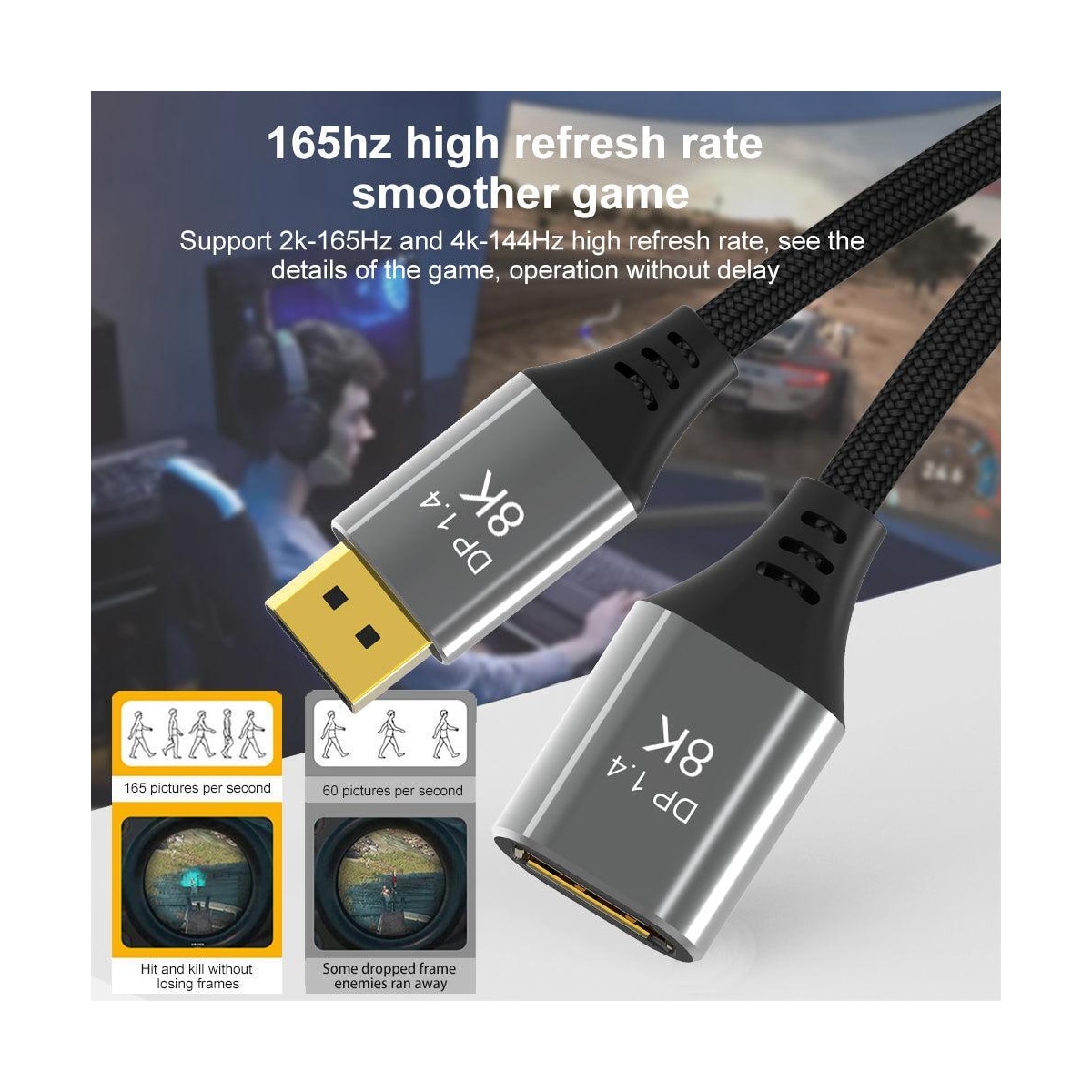 NÖRDIC 1m Displayport 1.4 skjøtekabel UHD 8K60Hz 4K144Hz 32.4Gbps 10-bit HDR