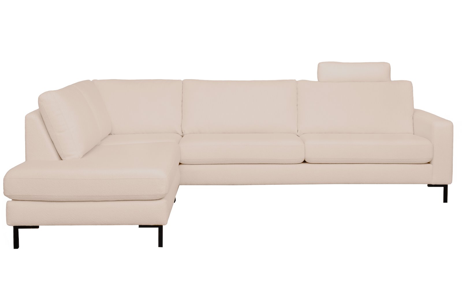 Pixel hjørnesofa 3-seter med åpen ende venstre. I tekstil Niva BP01-02 Beige. Høy front, sorte stålben M01 og arm A15. Komfort 1.