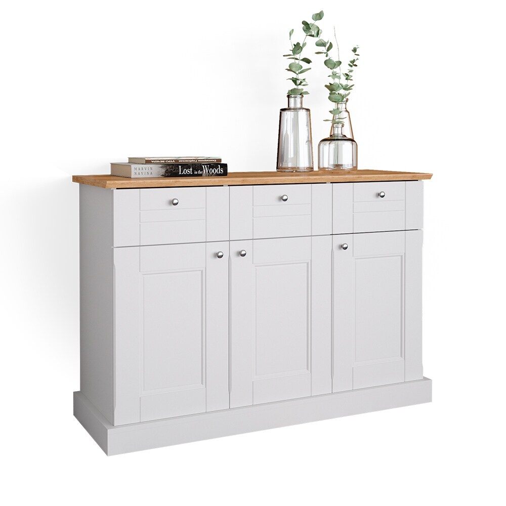 Vicco Sideboard Kommode Mehrzweckschrank Bergamo Weiß Eiche Wohnzimmer Schrank 121x87 cm Vintage Ablage Schublade Schranktür Anrichte Wohnzimmermöbel