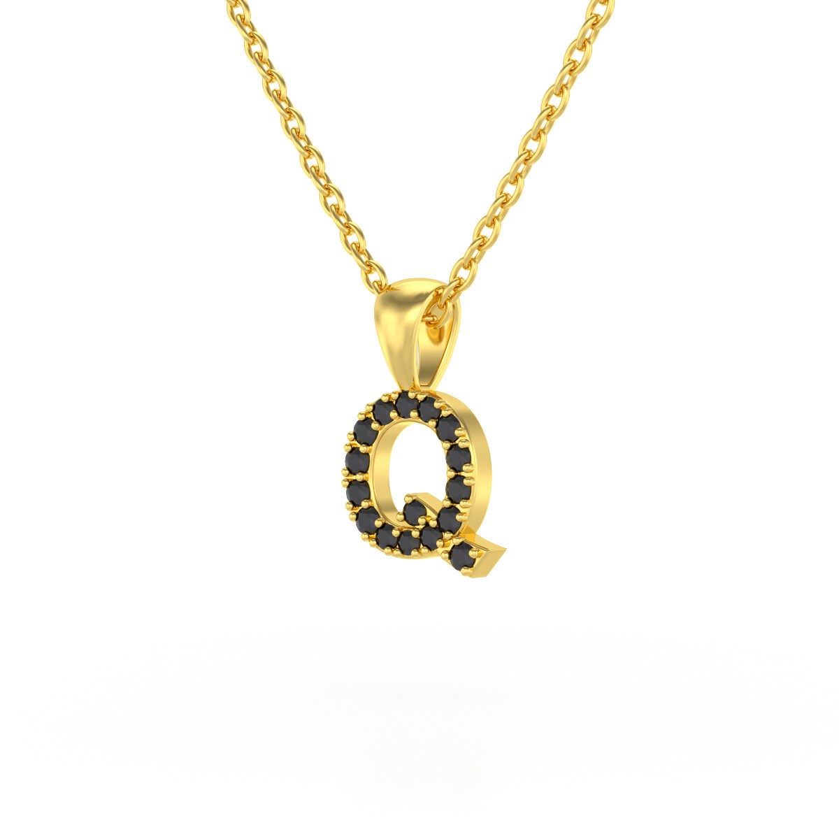 Collier Pendentif ADEN Lettre Q Or 750 Jaune Diamant Noir Chaine Or 750 incluse 0.72grs