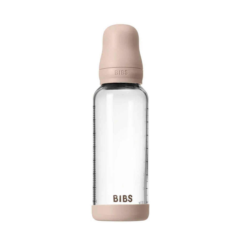 BIBS Glazen Babyfles - 240 ml - Blush - met latex speen en opvouwbare trechtertje