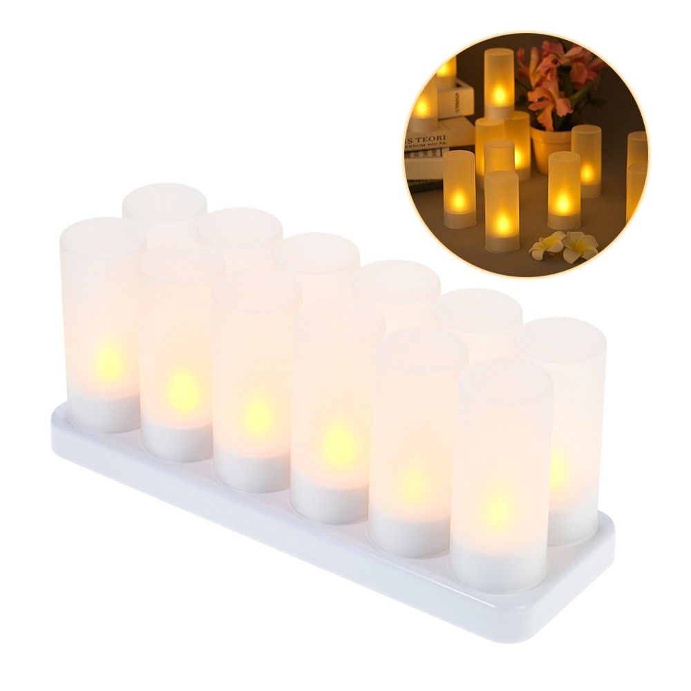 (12er Set) 2in1 Flackernde LED Teelichter Deko Kerzen Home Stimmungsleuchte inkl. Ladestation - Warmweiss