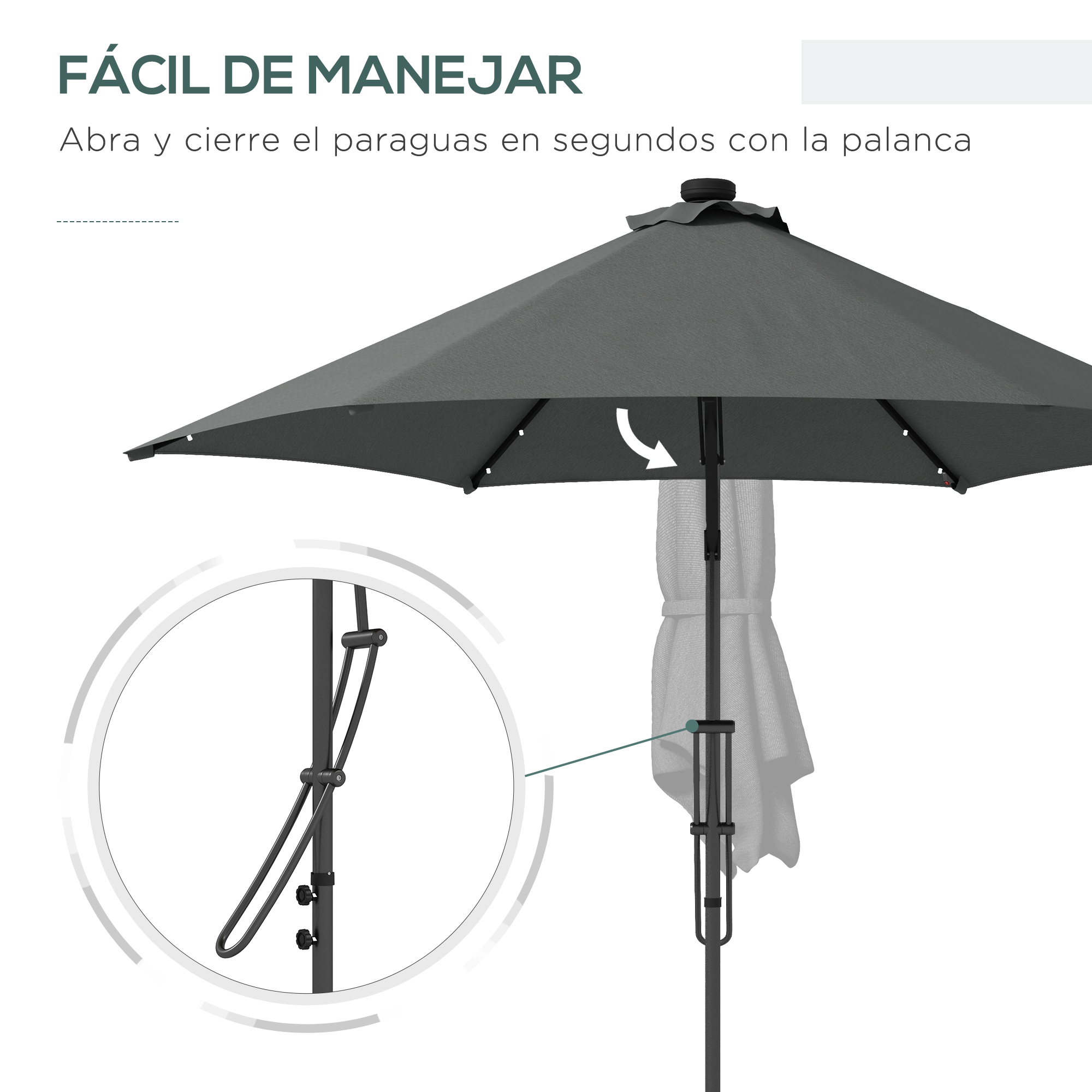 Guarda-sol de braço articulado Outsunny de 3 m com luzes LED, guarda-sol de jardim com manivela e base cruzada, guarda-sol lateral para pátio e terraço, cinza escuro
