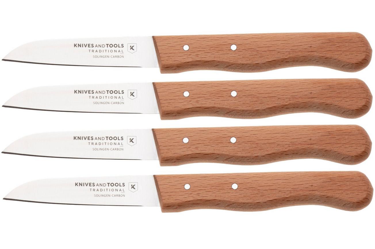Knivesandtools Traditional Paring Knife, koolstofstaal, beukenhout, 4-delige schilmessenset