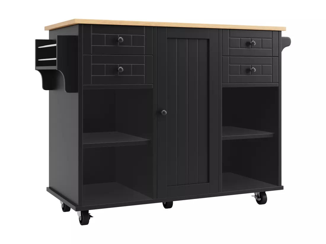 Ilot central de cuisine mobile avec 1 porte et 4 tiroirs - 111x46x91.5 cm - Bois MDF - Noir et naturel