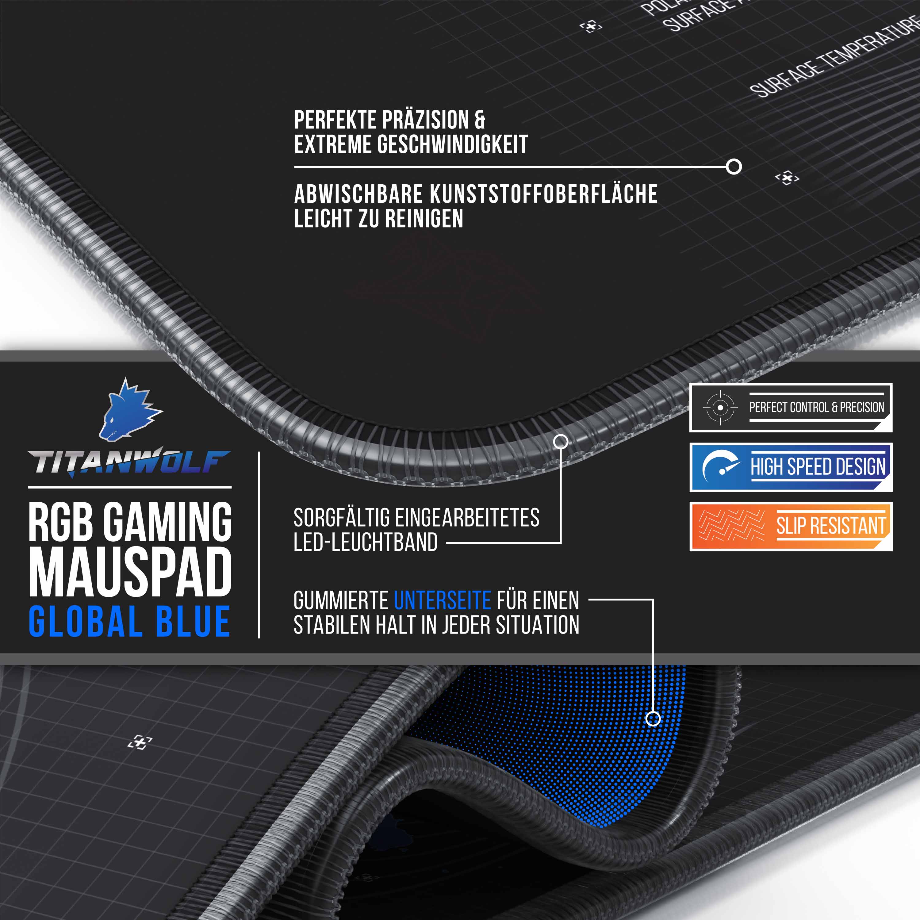 Titanwolf RGB Gaming Mauspad, Mousepad XL 800 x 300mm verbessert Präzision & Geschwindigkeit, Weltkarte blau