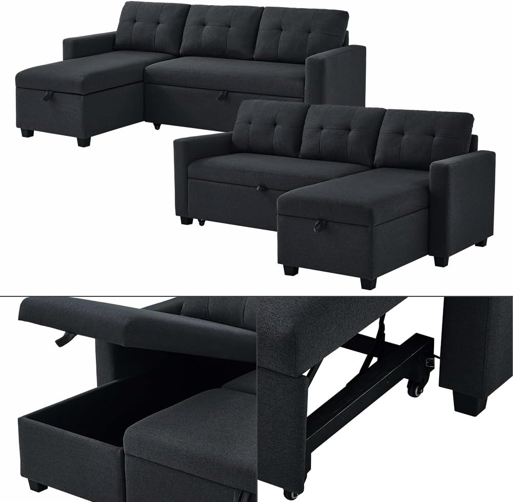 Ecksofa Campina, Schlafsofa mit Bettkasten, Anthrazit, 226 x 86 cm L-Form
